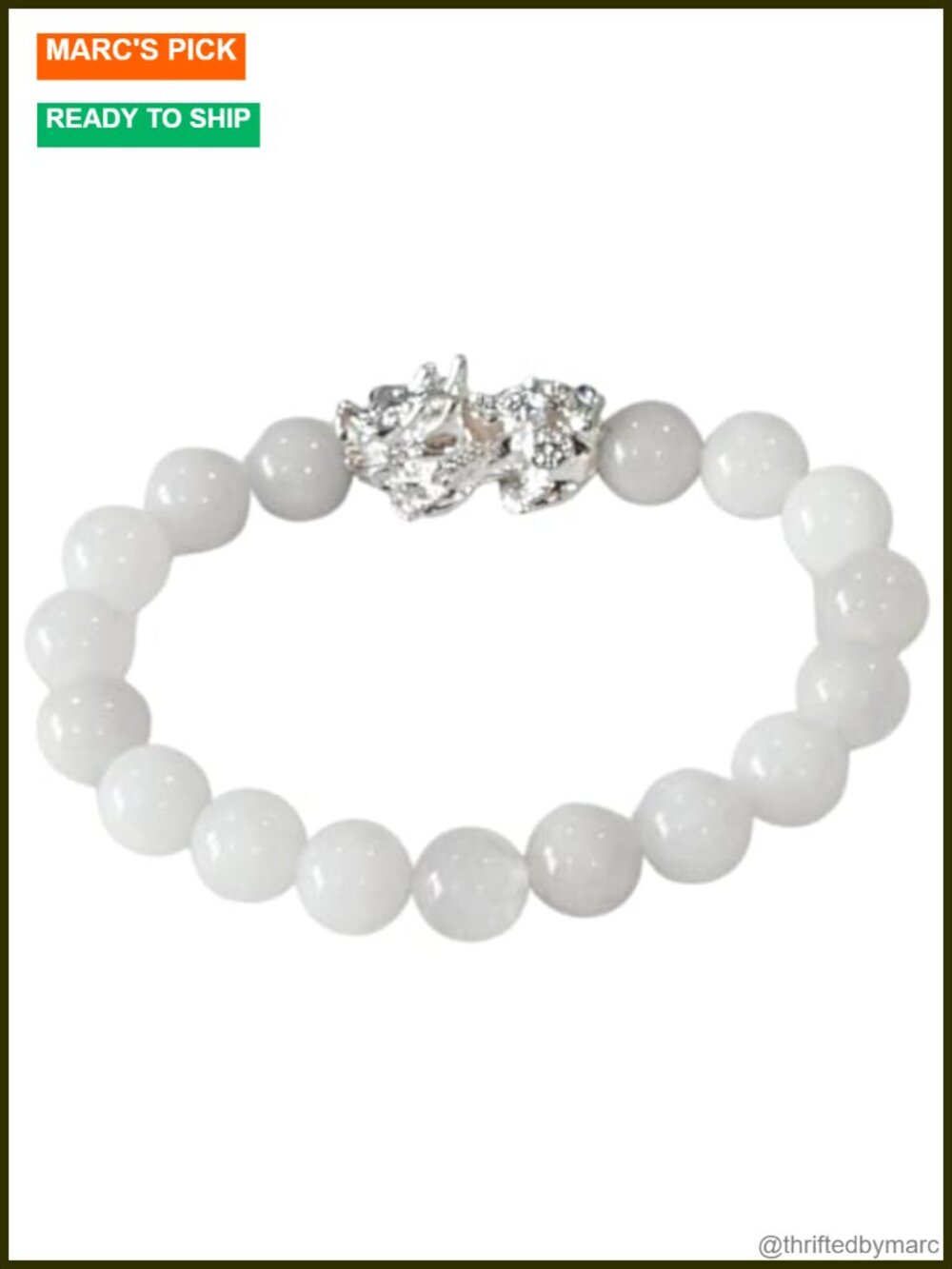 Handmade White Jade Stretch Bracelet with Silver Dragon Charm